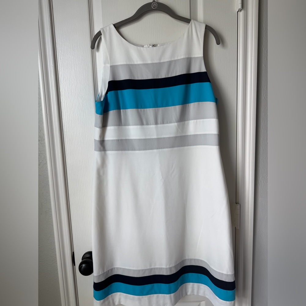 White House Black Market White Dress with Blue and Gray Stripes